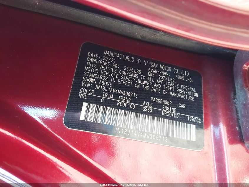 2021 Nissan Rogue Sport S Fwd Xtronic Cvt VIN: JN1BJ1AV4MW306713 Lot: 43935657