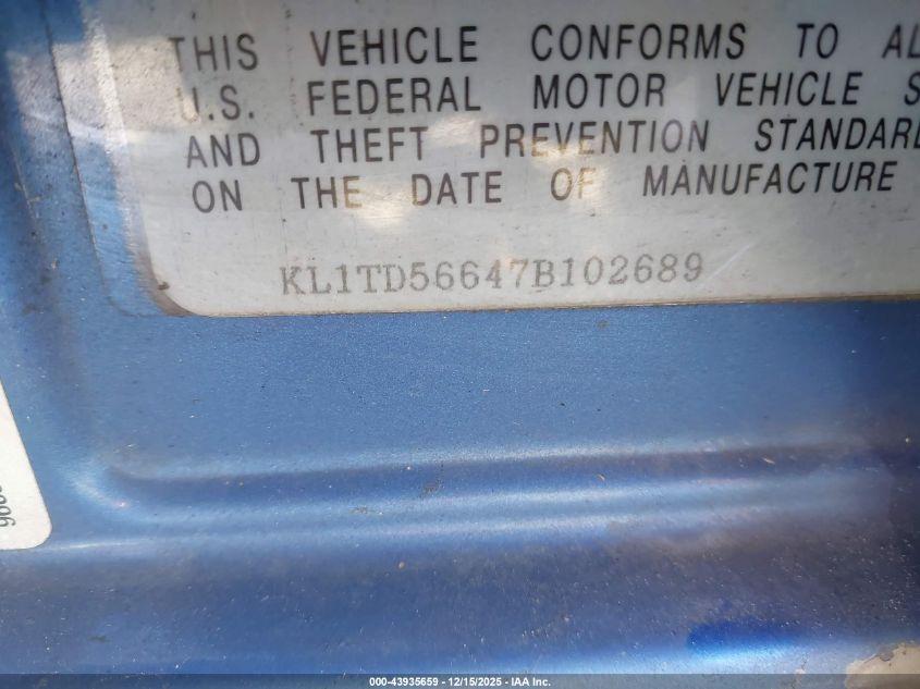 2007 Chevrolet Aveo Ls VIN: KL1TD56647B102689 Lot: 43935659