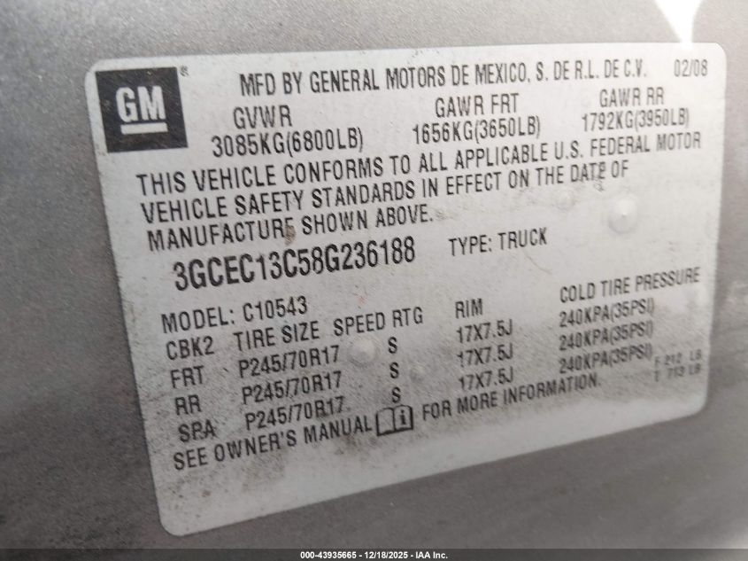 2008 Chevrolet Silverado 1500 Lt1 VIN: 3GCEC13C58G236188 Lot: 43935665