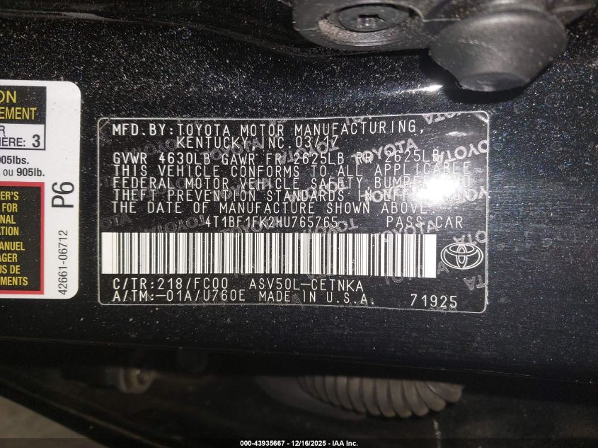 2017 Toyota Camry Le VIN: 4T1BF1FK2HU765765 Lot: 43935667