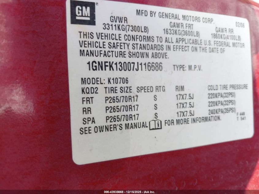 2007 Chevrolet Tahoe Lt VIN: 1GNFK13007J116686 Lot: 43935668
