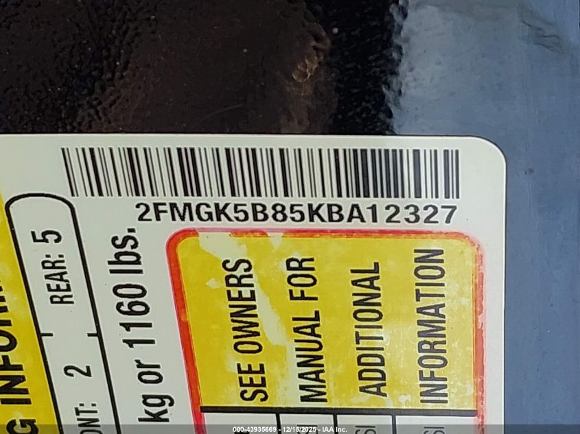 2019 Ford Flex Se VIN: 2FMGK5B85KBA12327 Lot: 43935669