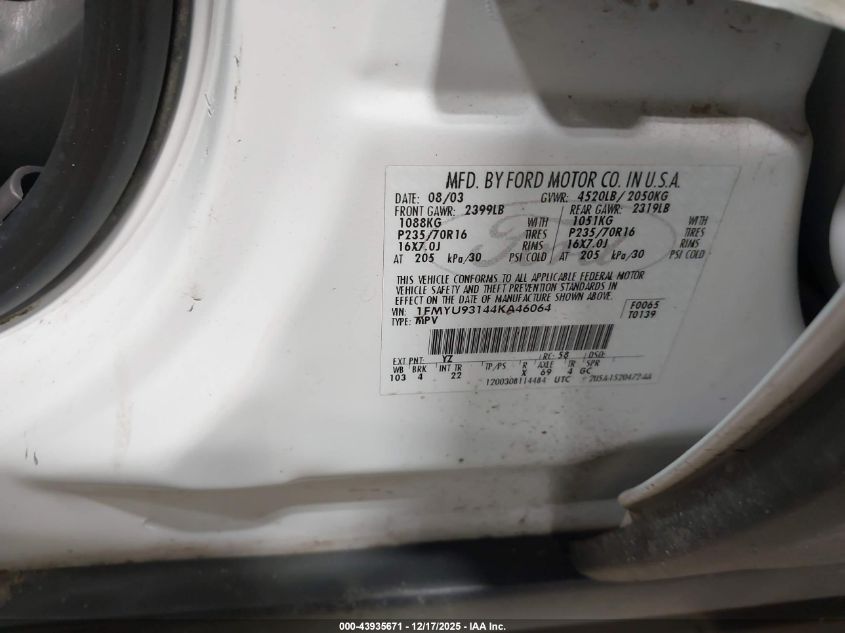 2004 Ford Escape Xlt VIN: 1FMYU93144KA46064 Lot: 43935671