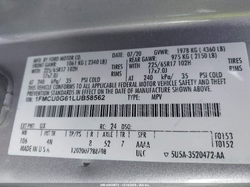 2020 Ford Escape Se VIN: 1FMCU0G61LUB58562 Lot: 43935672
