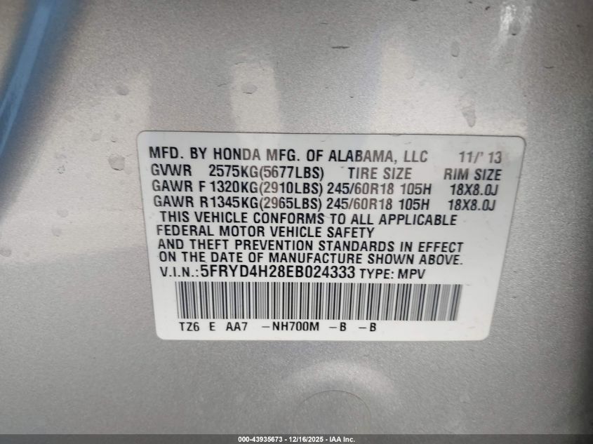2014 Acura Mdx VIN: 5FRYD4H28EB024333 Lot: 43935673