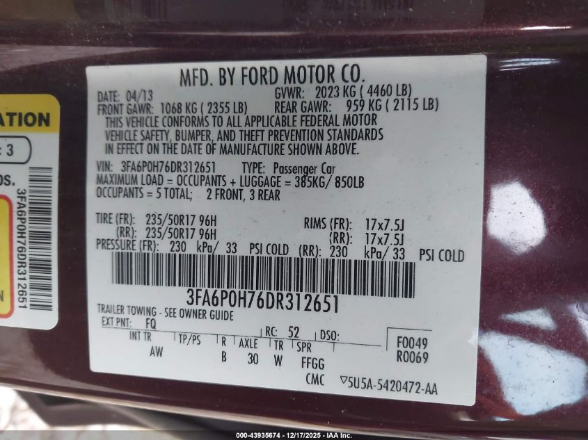 2013 Ford Fusion Se VIN: 3FA6P0H76DR312651 Lot: 43935674