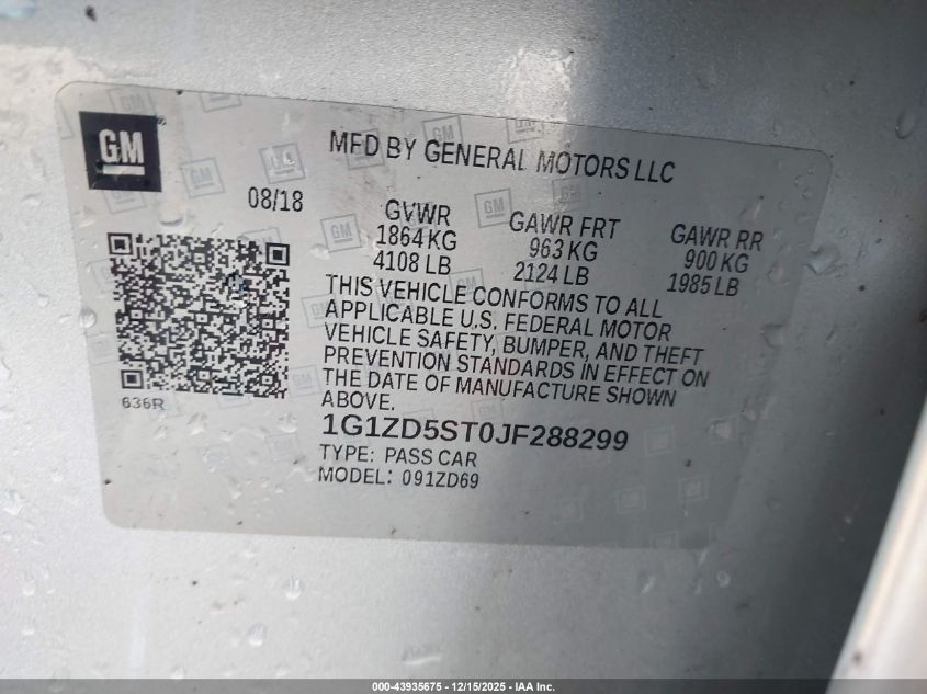 2018 Chevrolet Malibu Lt VIN: 1G1ZD5ST0JF288299 Lot: 43935675