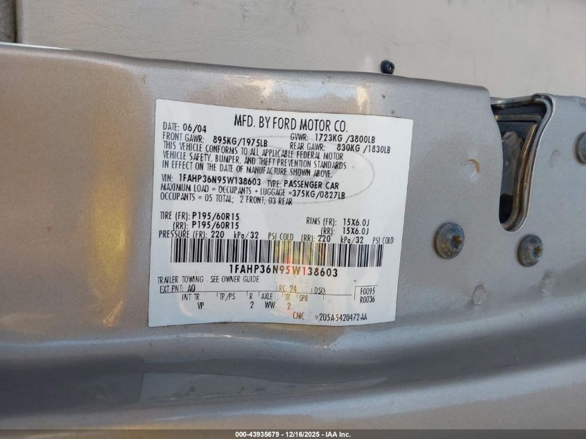 2005 Ford Focus Zxw VIN: 1FAHP36N95W138603 Lot: 43935679