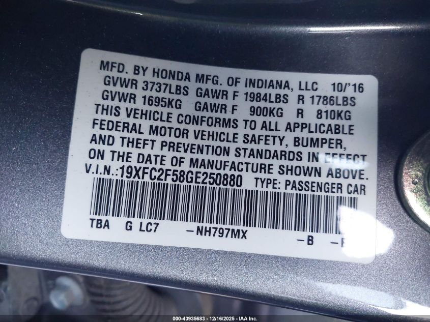 2016 Honda Civic Lx VIN: 19XFC2F58GE250880 Lot: 43935683