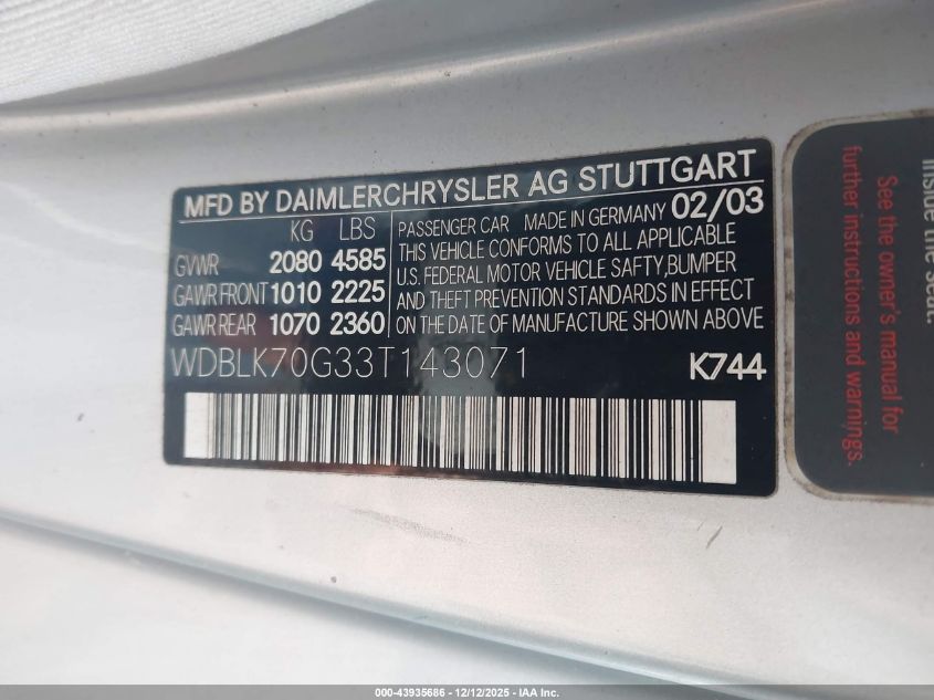 2003 Mercedes-Benz Clk 430 VIN: WDBLK70G33T143071 Lot: 43935686