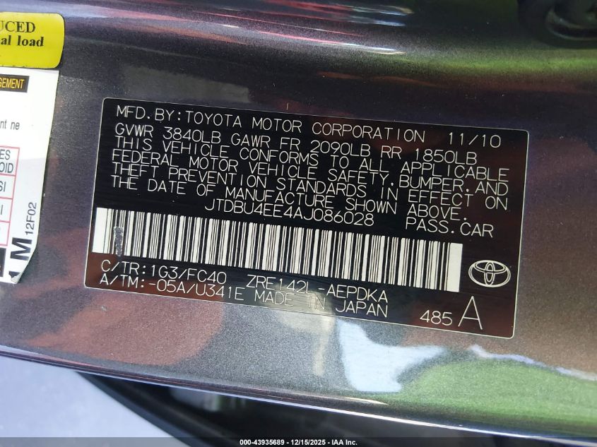 2010 Toyota Corolla Le VIN: JTDBU4EE4AJ086028 Lot: 43935689