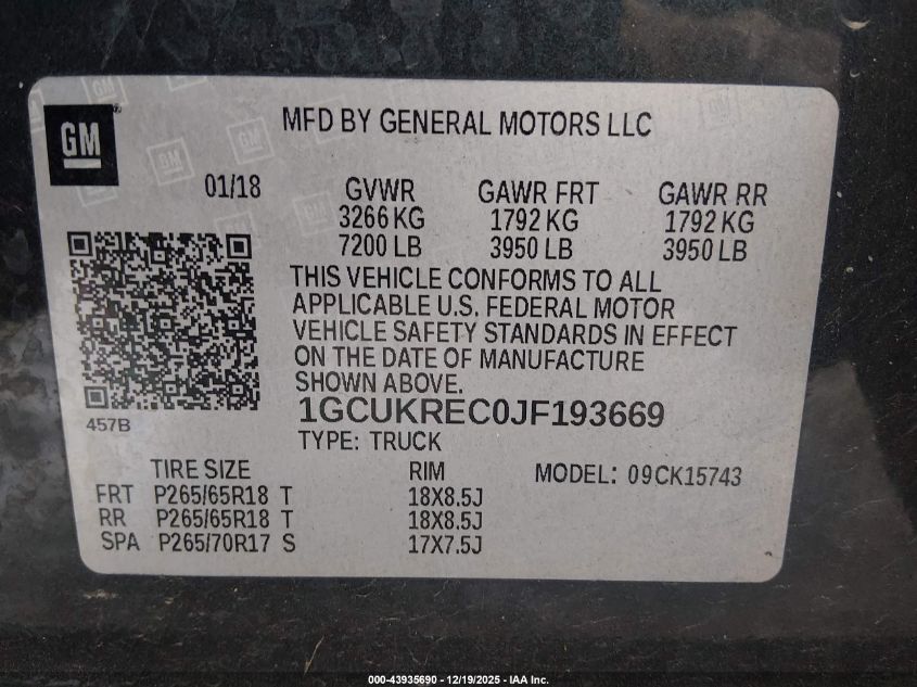 2018 Chevrolet Silverado 1500 1Lt VIN: 1GCUKREC0JF193669 Lot: 43935690