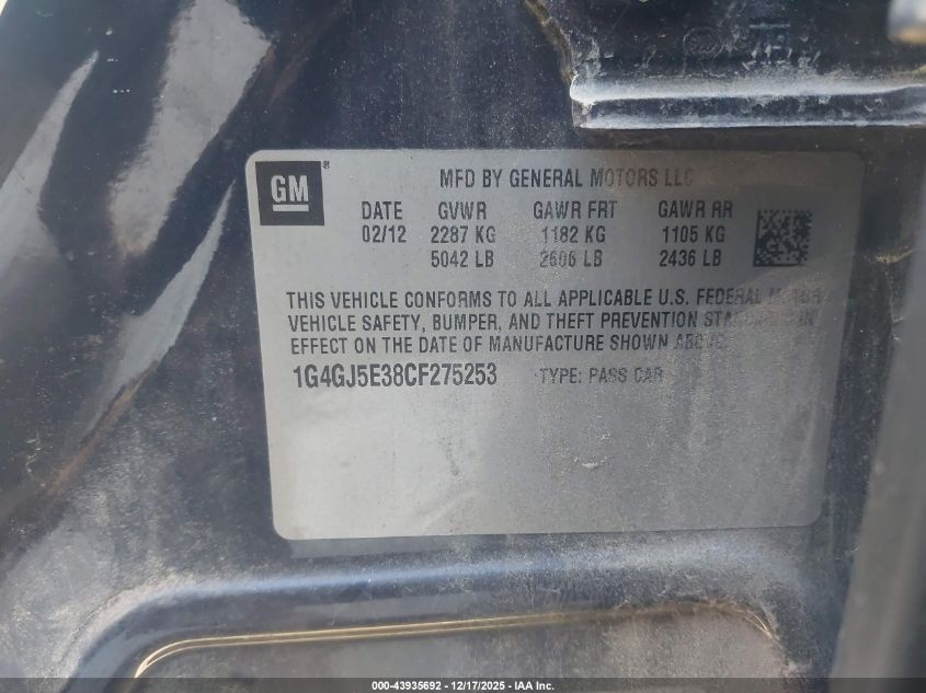 2012 Buick Lacrosse Touring Group VIN: 1G4GJ5E38CF275253 Lot: 43935692