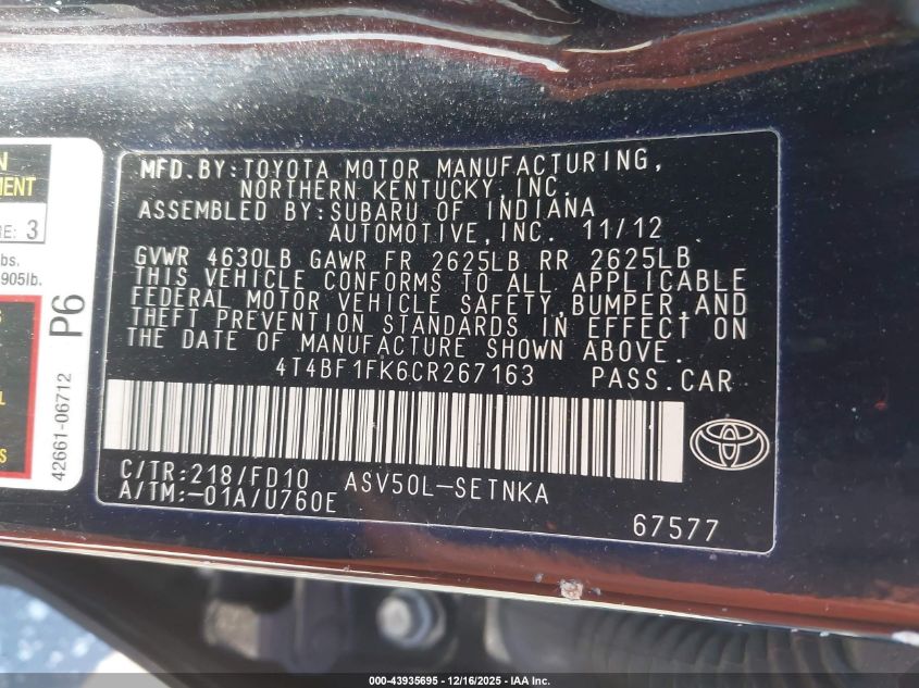 2012 Toyota Camry Le VIN: 4T4BF1FK6CR267163 Lot: 43935695