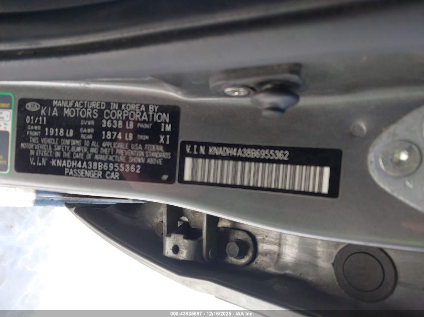 2011 Kia Rio Lx VIN: KNADH4A38B6955362 Lot: 43935697