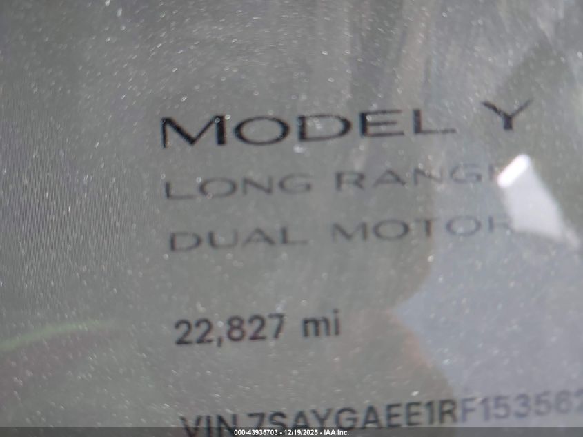 2024 Tesla Model Y Long Range Dual Motor All-Wheel Drive VIN: 7SAYGAEE1RF153562 Lot: 43935703