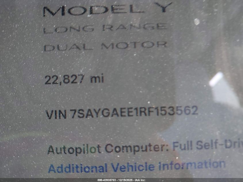 2024 Tesla Model Y Long Range Dual Motor All-Wheel Drive VIN: 7SAYGAEE1RF153562 Lot: 43935703