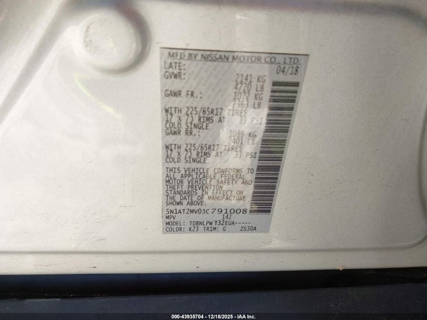 2018 Nissan Rogue S VIN: 5N1AT2MV0JC791008 Lot: 43935704