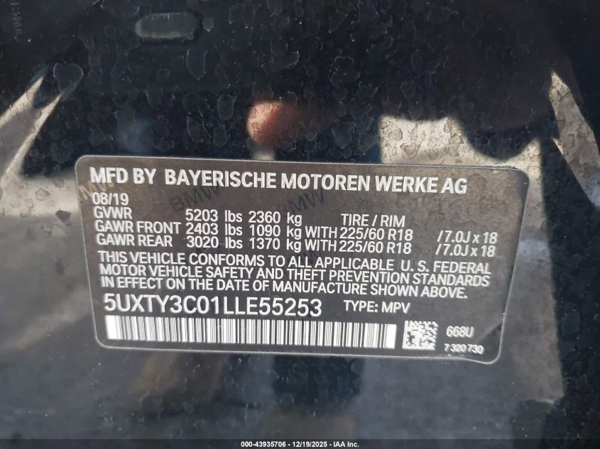 2020 BMW X3 Sdrive30I VIN: 5UXTY3C01LLE55253 Lot: 43935706