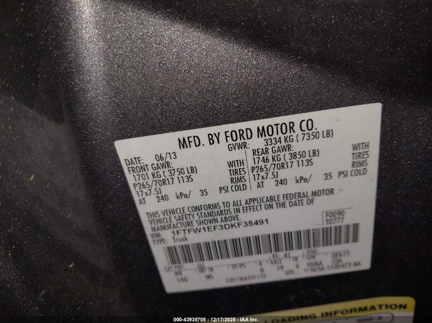 2013 Ford F-150 Xlt VIN: 1FTFW1EF3DKF35491 Lot: 43935708