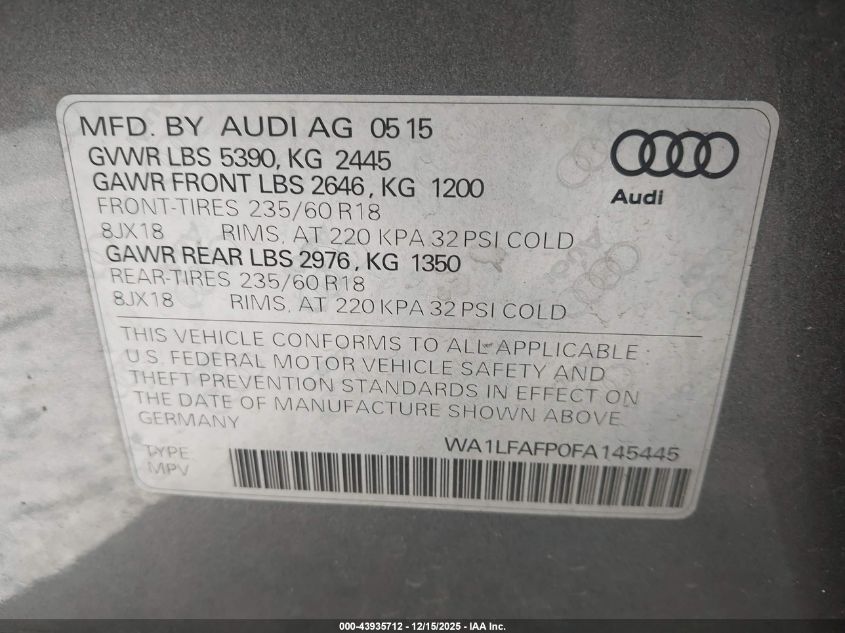 2015 Audi Q5 2.0T Premium VIN: WA1LFAFP0FA145445 Lot: 43935712