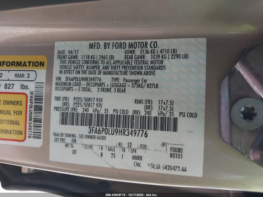 2017 Ford Fusion Hybrid Se VIN: 3FA6P0LU9HR349776 Lot: 43935715