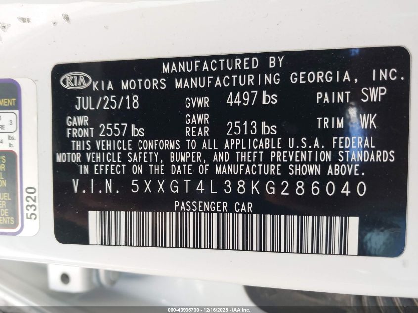 2019 Kia Optima S VIN: 5XXGT4L38KG286040 Lot: 43935730