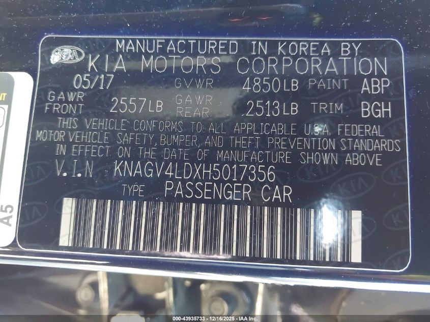 2017 Kia Optima Plug-In Hybrid Ex VIN: KNAGV4LDXH5017356 Lot: 43935733