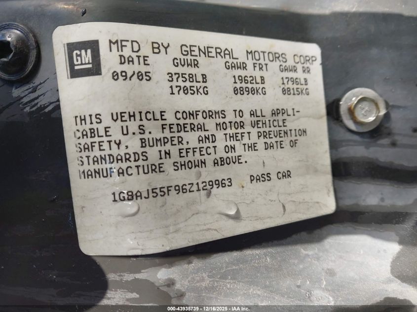 2006 Saturn Ion 2 VIN: 1G8AJ55F96Z129963 Lot: 43935739