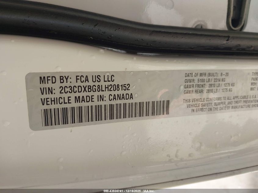 2020 Dodge Charger Sxt Rwd VIN: 2C3CDXBG8LH208152 Lot: 43935741