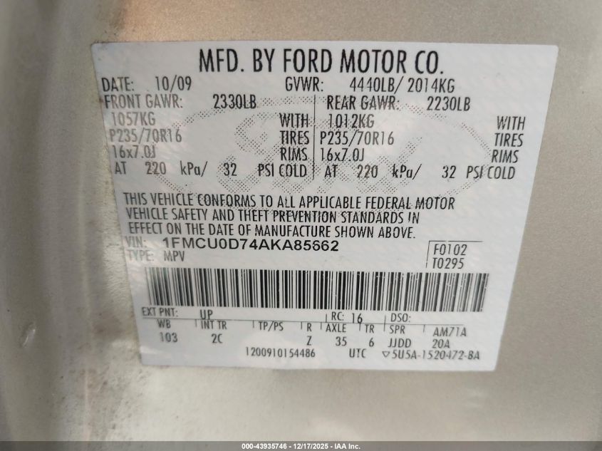 2010 Ford Escape Xlt VIN: 1FMCU0D74AKA85662 Lot: 43935746