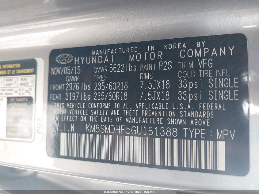 2016 Hyundai Santa Fe Se VIN: KM8SMDHF5GU161388 Lot: 43935748