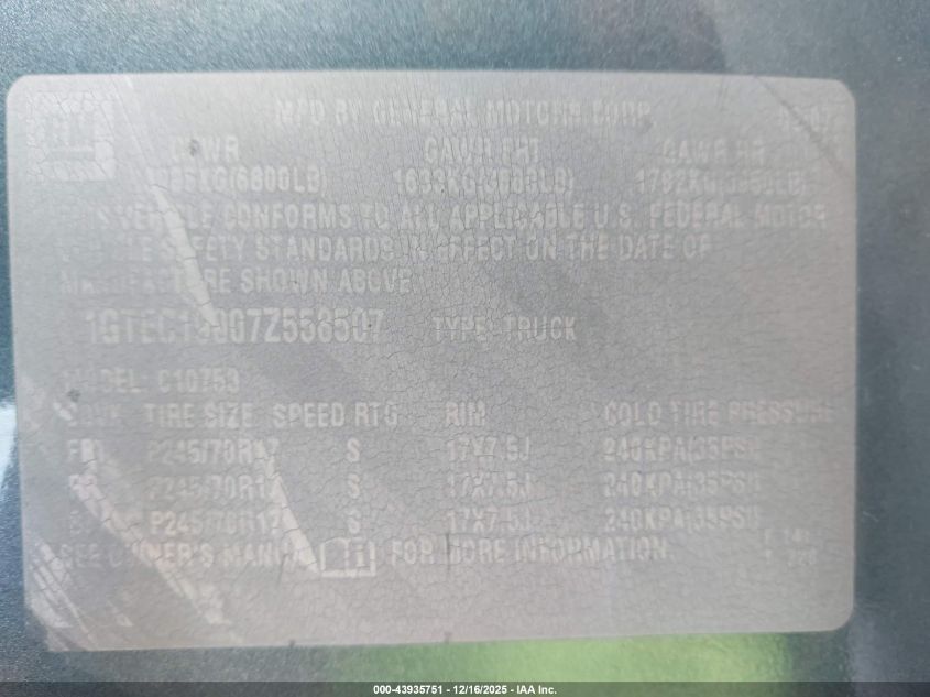 2007 GMC Sierra 1500 Sle1 VIN: 1GTEC19007Z558507 Lot: 43935751