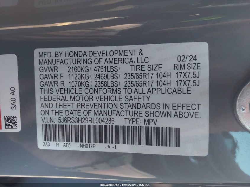 2024 Honda Cr-V Lx 2Wd VIN: 5J6RS3H29RL004286 Lot: 43935753