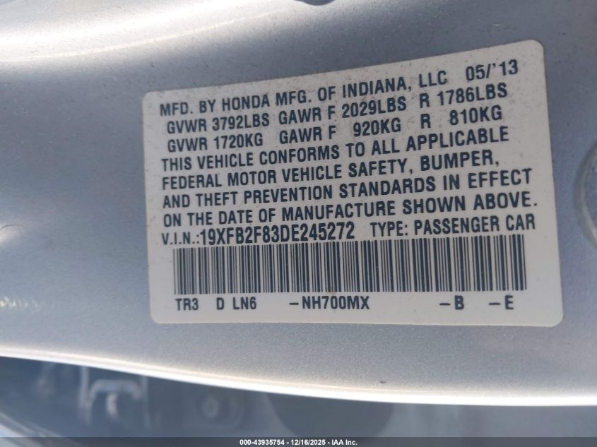 2013 Honda Civic Ex VIN: 19XFB2F83DE245272 Lot: 43935754