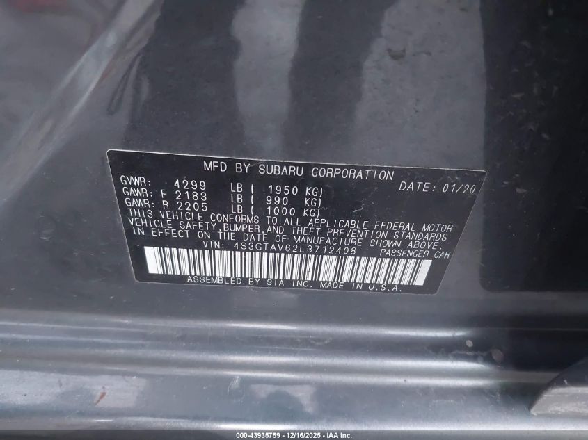 2020 Subaru Impreza Premium 5-Door VIN: 4S3GTAV62L3712408 Lot: 43935759