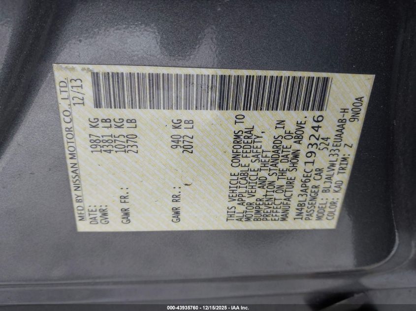 2014 Nissan Altima 3.5 Sl VIN: 1N4BL3AP6EC193246 Lot: 43935760