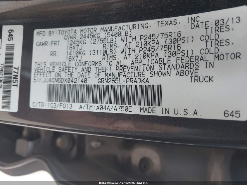 2013 Toyota Tacoma Prerunner V6 VIN: 5TFJU4GN6DX042140 Lot: 43935764