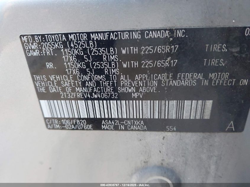 2018 Toyota Rav4 Le VIN: 2T3ZFREV4JW406732 Lot: 43935767