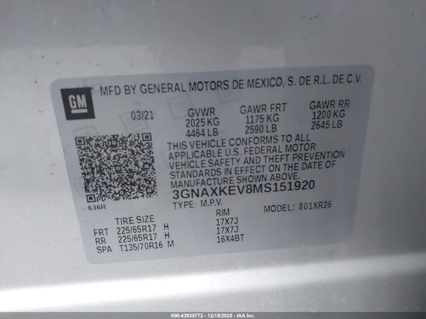 2021 Chevrolet Equinox Fwd Lt VIN: 3GNAXKEV8MS151920 Lot: 43935772