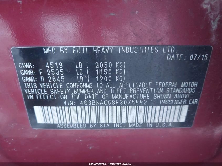 2015 Subaru Legacy 2.5I Premium VIN: 4S3BNAC68F3075892 Lot: 43935774