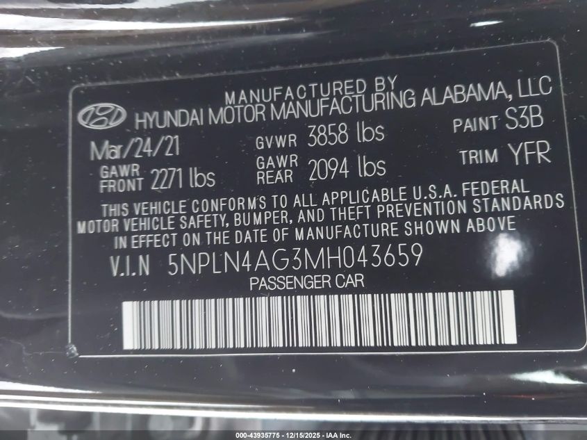 2021 Hyundai Elantra Sel VIN: 5NPLN4AG3MH043659 Lot: 43935775