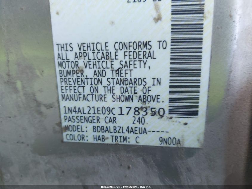 2009 Nissan Altima 2.5 S VIN: 1N4AL21E09C178350 Lot: 43935776