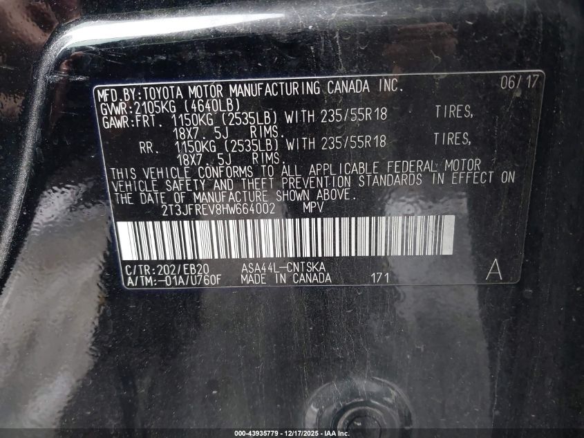 2017 Toyota Rav4 Se VIN: 2T3JFREV8HW664002 Lot: 43935779