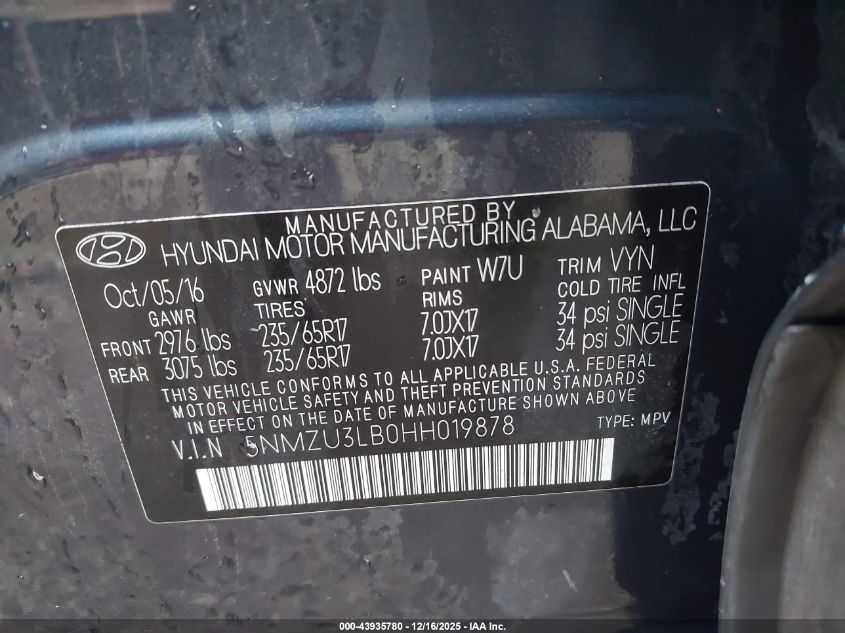 2017 Hyundai Santa Fe Sport 2.4L VIN: 5NMZU3LB0HH019878 Lot: 43935780