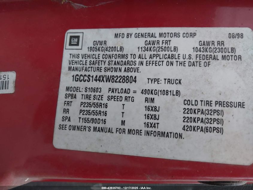 1998 Chevrolet S-10 Fleetside VIN: 1GCCS144XW8228804 Lot: 43935783