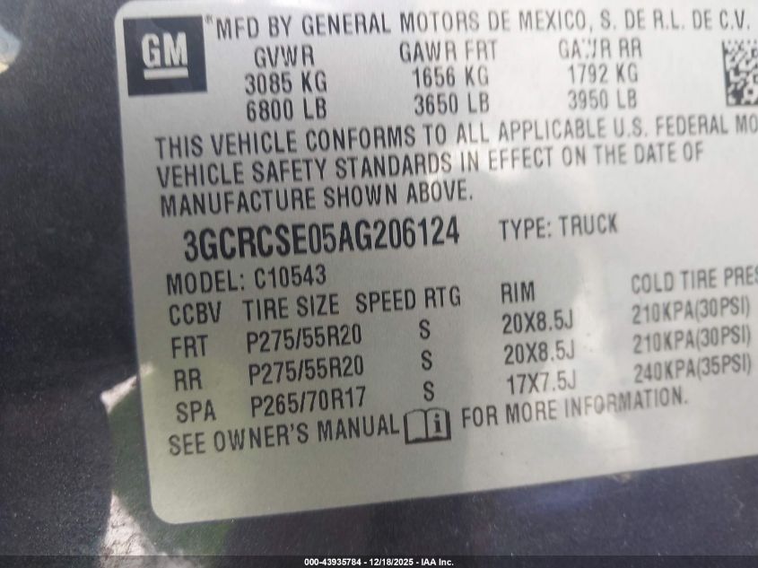 2010 Chevrolet Silverado 1500 Lt VIN: 3GCRCSE05AG206124 Lot: 43935784