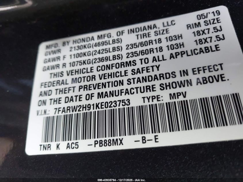 2019 Honda Cr-V Touring VIN: 7FARW2H91KE023753 Lot: 43935794