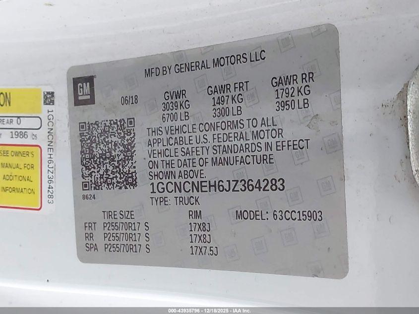 2018 Chevrolet Silverado 1500 Wt VIN: 1GCNCNEH6JZ364283 Lot: 43935796