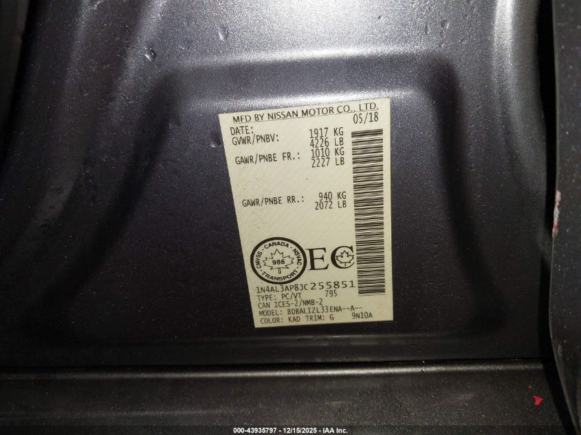 2018 Nissan Altima 2.5 S/2.5 Sl/2.5 Sr/2.5 Sv VIN: 1N4AL3AP8JC255851 Lot: 43935797